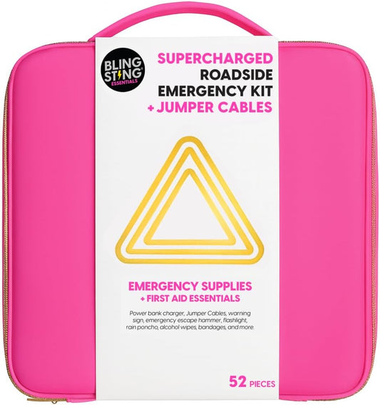 Supercharged Car Emergency Kit – 52-Piece Pink Roadside Safety Tools with Jumper Cables, Flashlight, Escape Tool &amp; First Aid Essentials – Compact Travel Case for Women, New Drivers &amp; Students