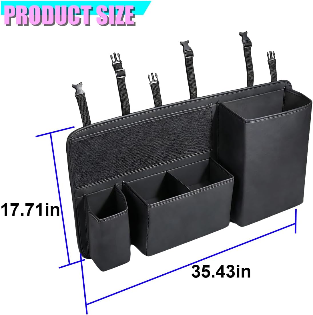 Leather Car Trunk Organizer, 35'' × 17'' Auto Backseat Hanging Storage Bag with 1 Mesh Pocket & 3 Pockets, Foldable Vehicle Travel Organizer Accessories for Sedan, SUV, Truck, MPV (Black)