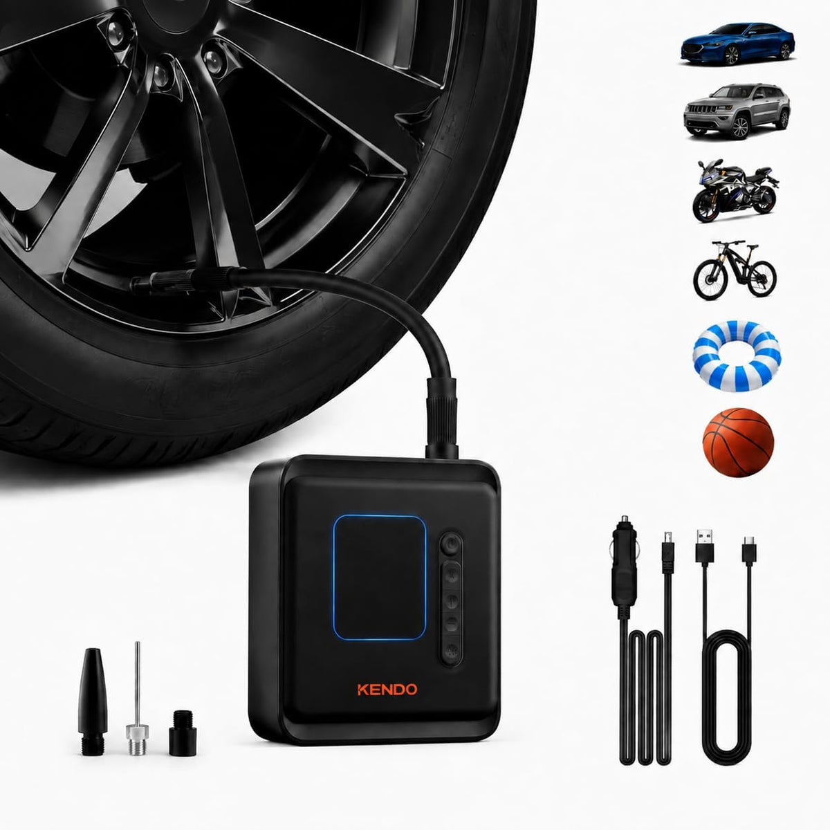 KENDO Tire Inflator Portable Air Compressor, 150 PSI Cordless Bike Pump with 12V Car Charger, Auto Shut-Off & Digital Gauge, Fast Inflation for Car, Motorcycle, Bicycle, Ball