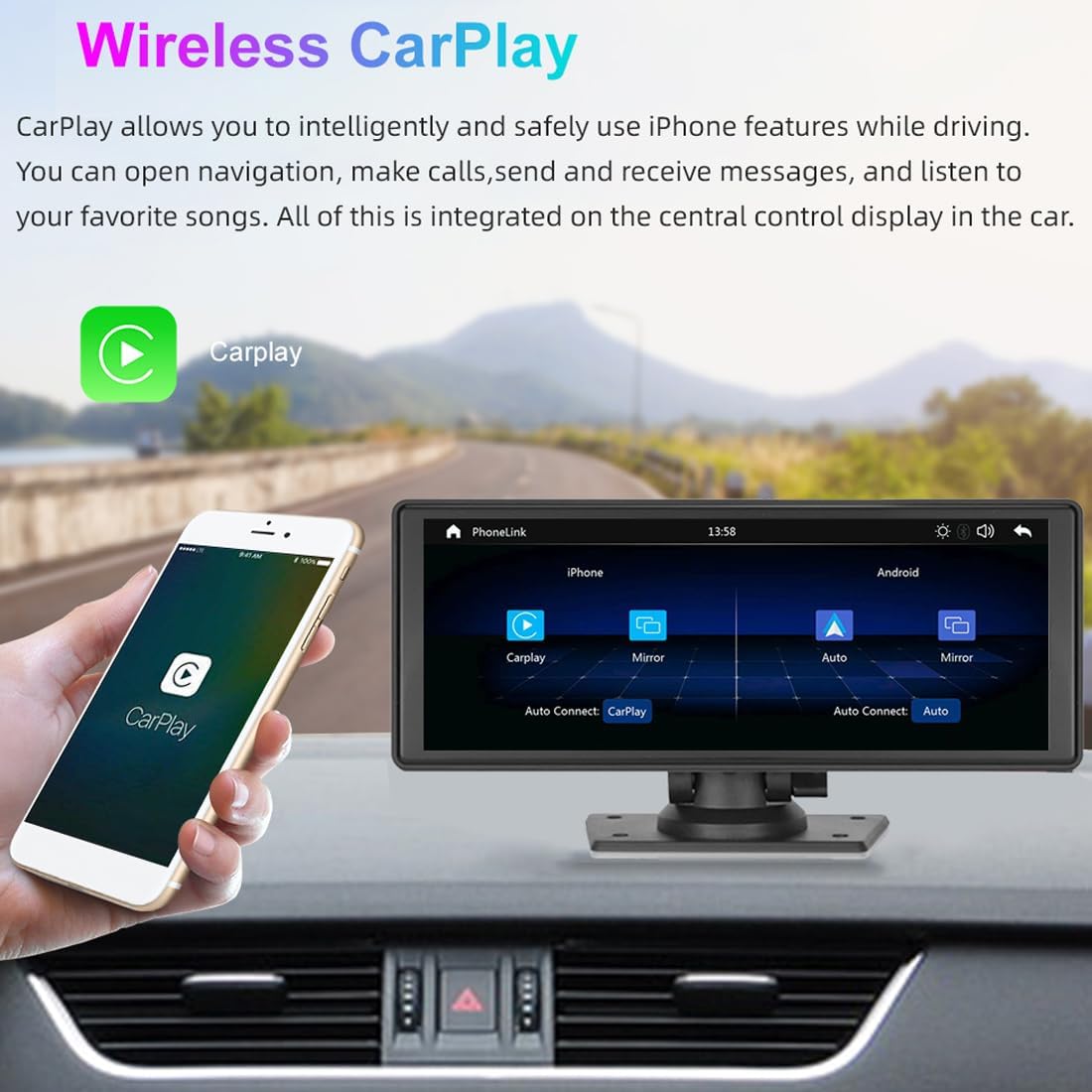 Portable 9.3 Inch IPS Touchscreen Car Stereo with Wireless Carplay & Android Auto Portable Car Radio, Airplay, Mirrorlink, Bluetooth Handsfree, AUX/FM Transmitter, Carplay Screen Supports All Cars