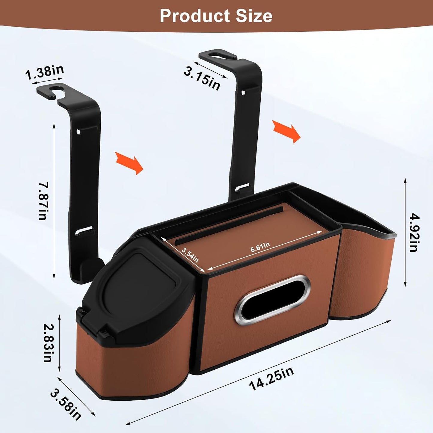 7-In-1 Car Seat Back Organizer with Cup Holders, Tissue Box, Garbage Can&Hooks, Multifunctional Headrest Storage Organizer, Headrest Cup Holder for Backseat, Car Accessories for Trips, Travels(Brown)