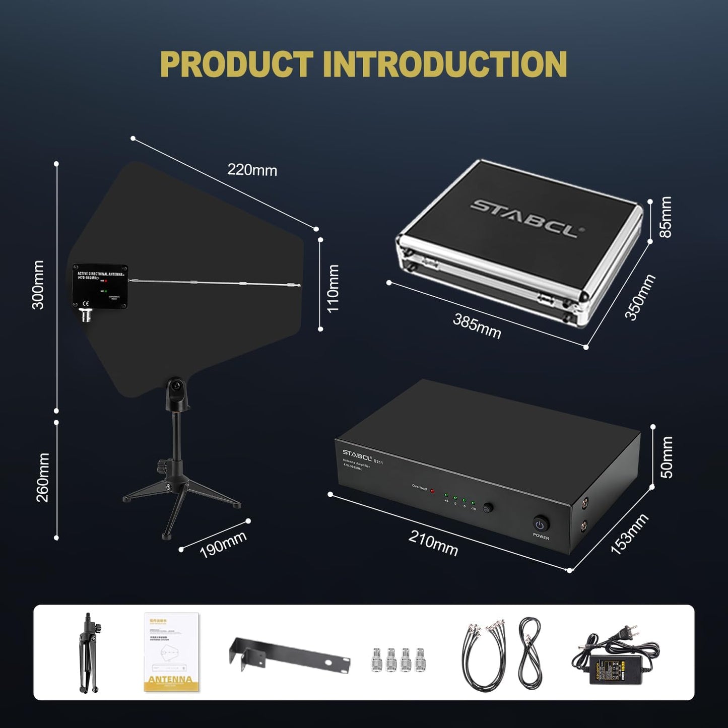 UHF Antenna Distribution System Bundle with Carry Case, Active Directional Receivers with 4 Outputs + 1 Cascade Ports, Power Distribution System for Wireless Microphone with Antenna Paddle