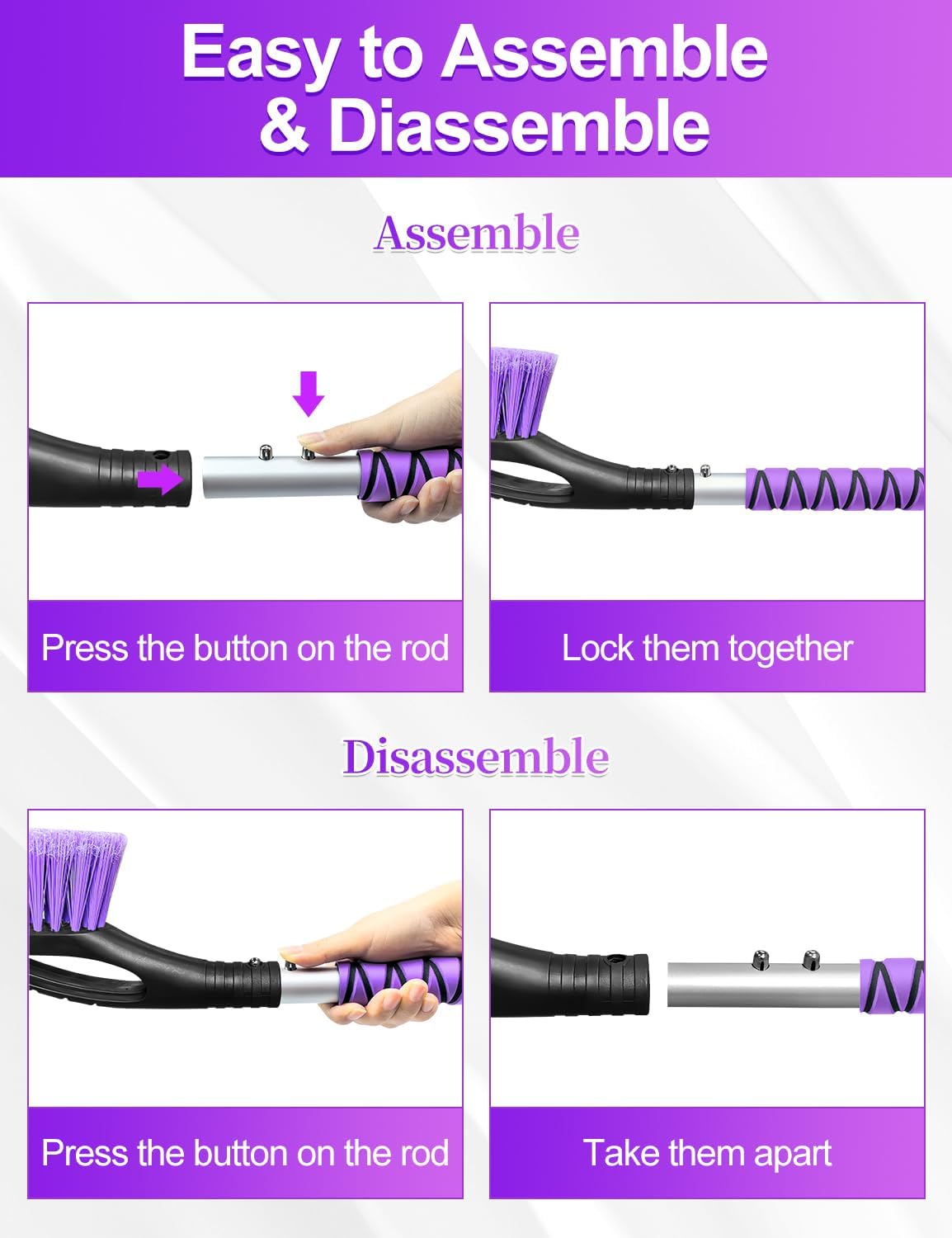 HEEYA 2 Pack 27 Inch Ice Scraper and Brush for Car, Snow Brush and Ice Scraper with Foam Grip, Detachable Snow Scraper for SUV Truck Vehicle Auto Windshield Window - Purple & Pink