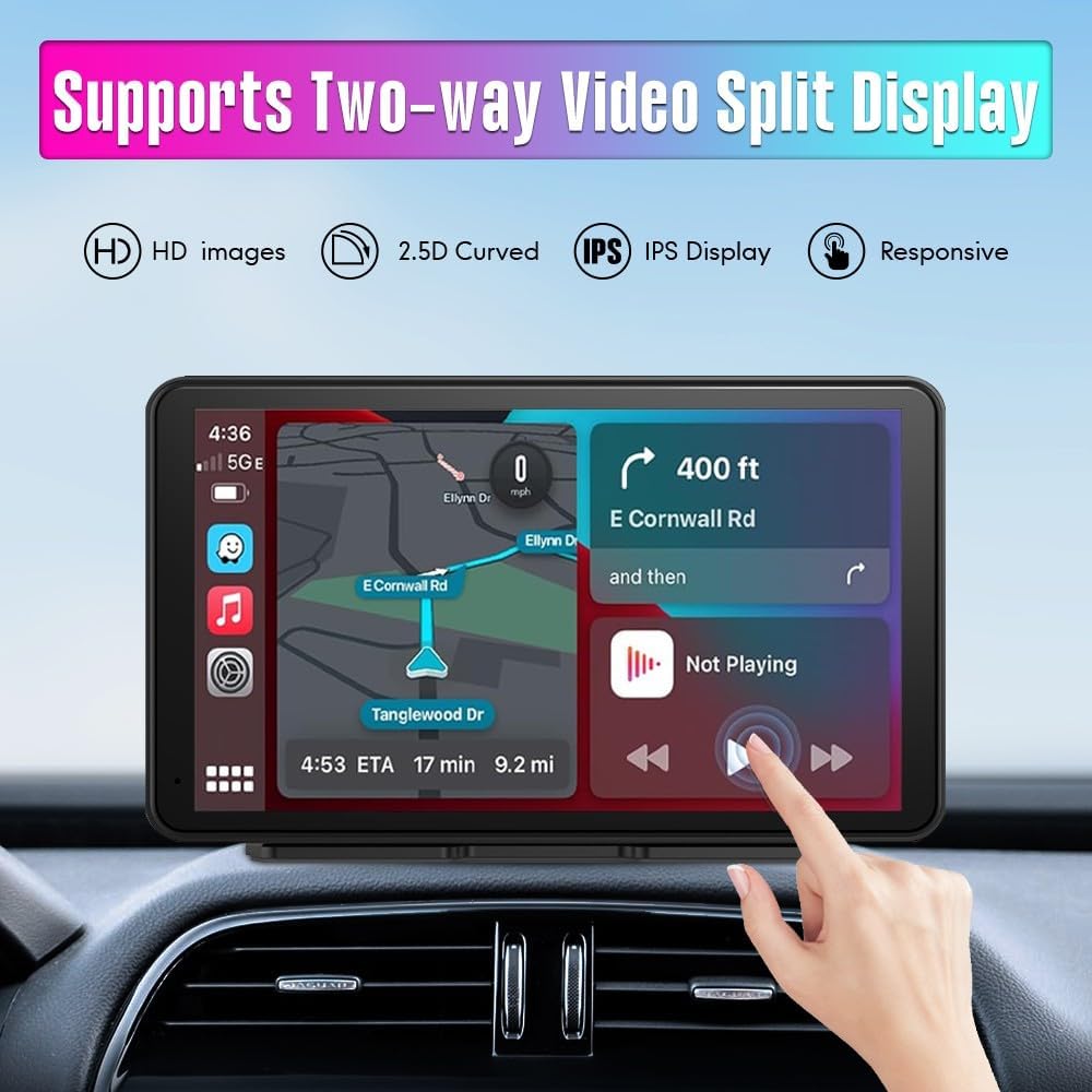 Kunfine Universal Portable Wireless Carplay Screen Android Auto, 7 Inch Touchscreen Wireless Car Play Screen AHD Reverse Camera for Car Support Airplay Voice Control FM Bluetooth AUX