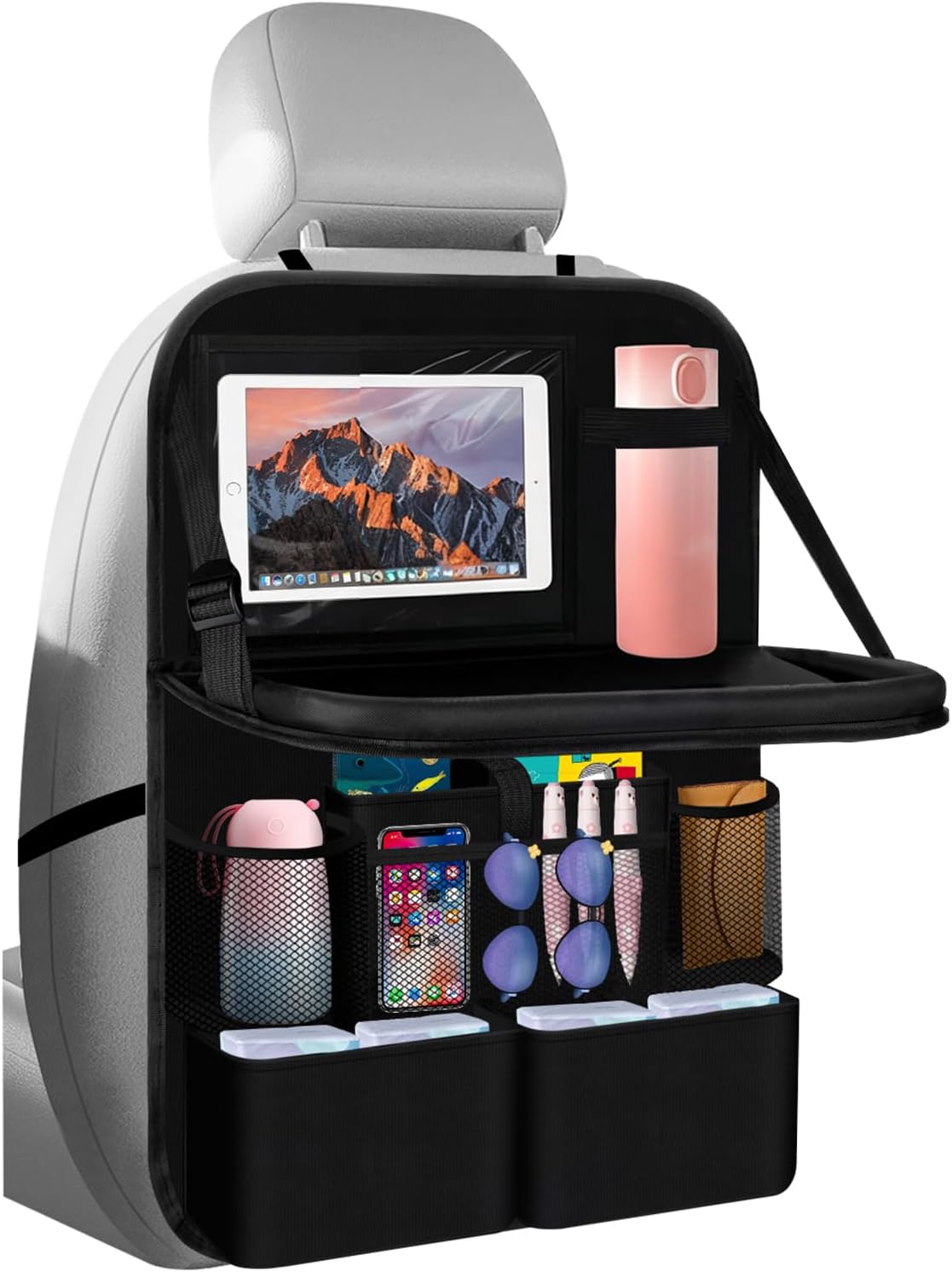 2026 Upgraded Backseat Car Organizer,Multifunctional Back Seat Car Organizer with Cars Tray & Cup Holder,Roadtrip Essentials Foldable Back of Seat Cars Organizers for Most Vehicles