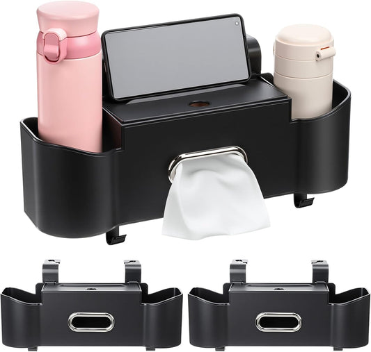 LemonRoad 2 Pack Multifunctional Car Seat Back Storage Box Car Seat Back Organizer with Tissue Box, 2 Drinks Cup Holders and Hooks for Hold Phone, Handbag, Fits for Most Cars(Black)