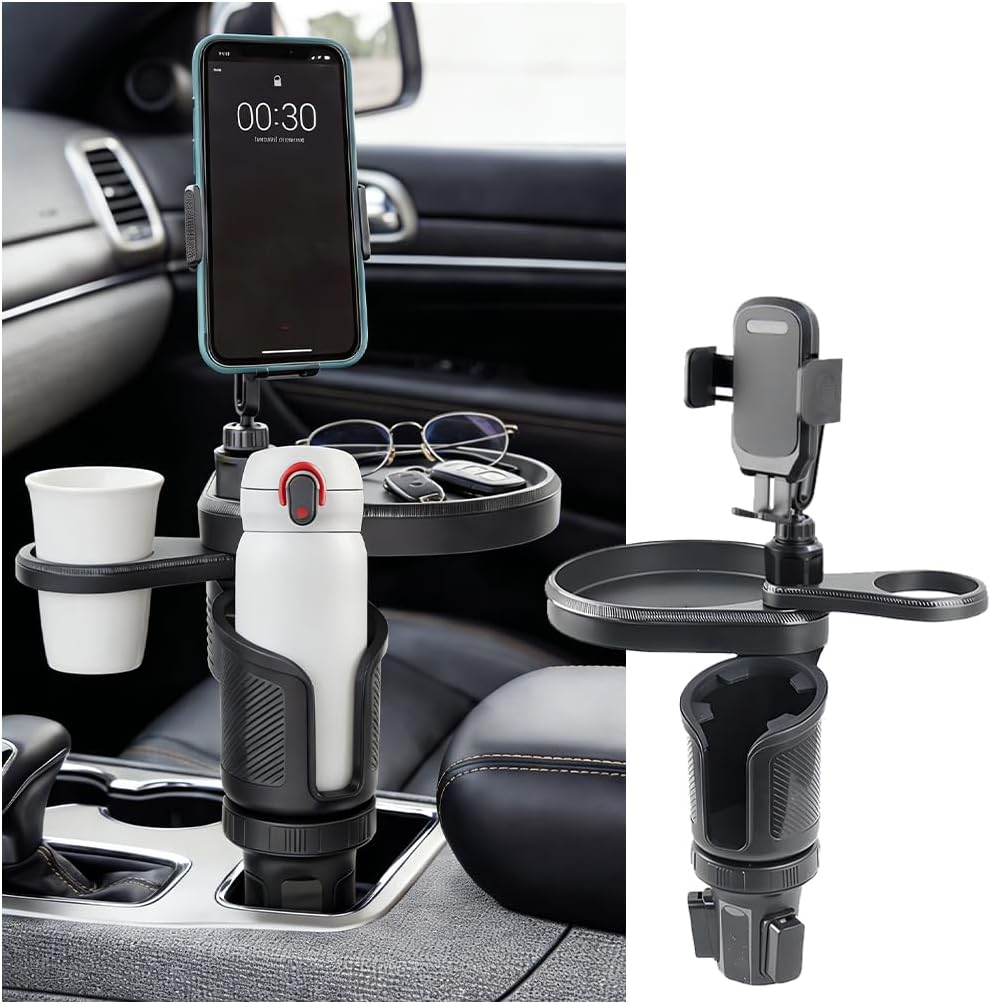 Car Cup Holder Tray, 3 in 1 Multifunctional Vehicle Food Water Bottle Phone Holder Expander Adapter with Adjustable Base, Detachable Auto Interior Food Tray Table, Universal Fit (Black)