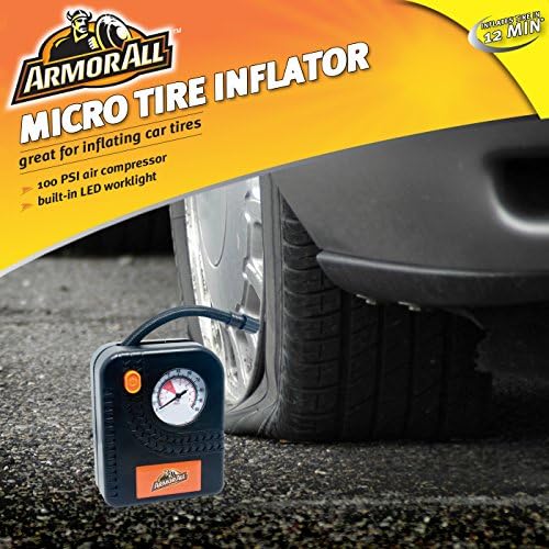 Armor All Micro Tire Inflator Air Compressor - Pump for Automobile, Car, Truck, Bike, Auto With Pressure Gauge, LED Light - 12v Portable, Battery Clips