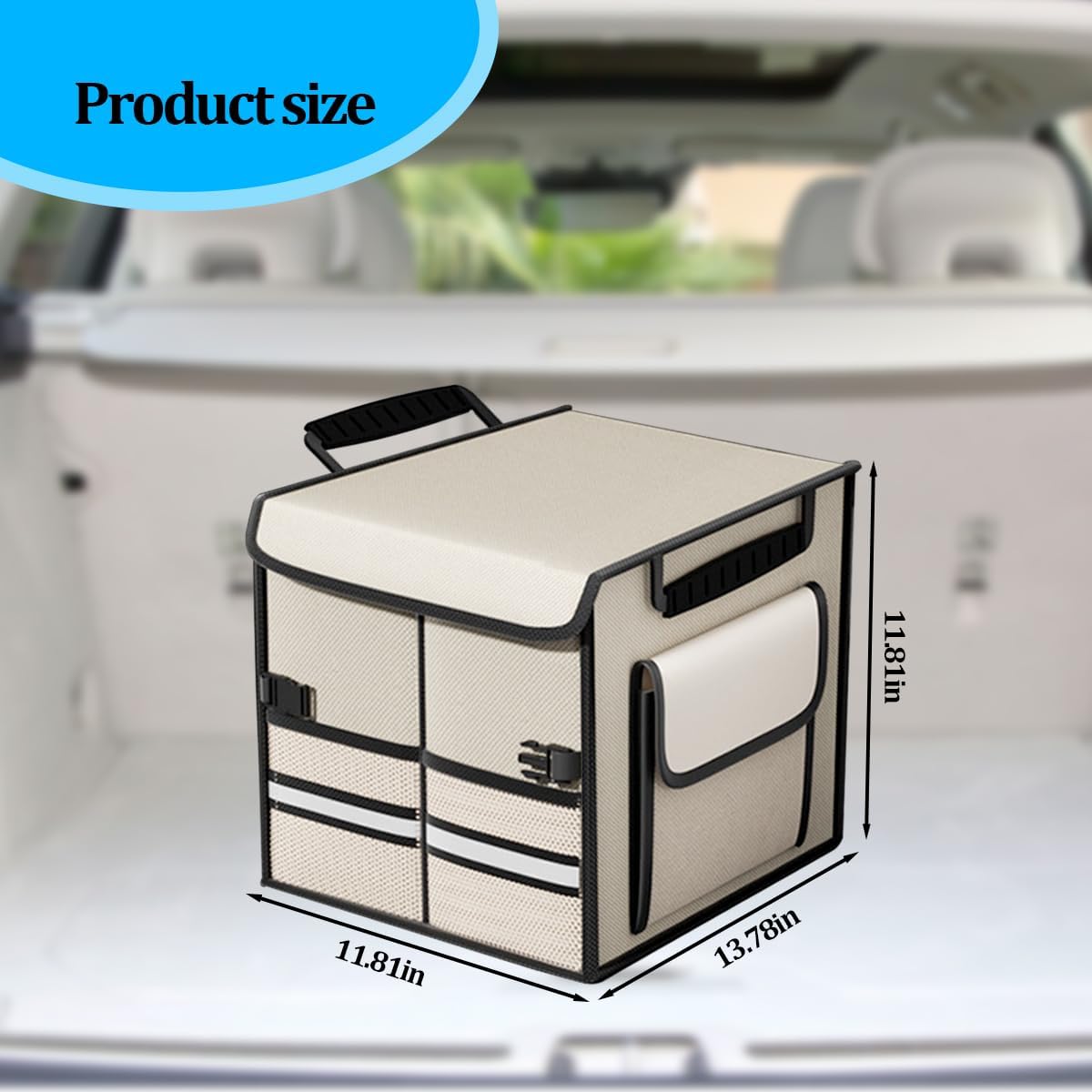 HZEL Car Trunk Organizer with Lid, Foldable Slip Resistant Multi-Compartment Vehicle Cargo Storage Box, Collapsible Waterproof Automotive Trunk Organizer, Universal for SUV Van Truck (Beige)