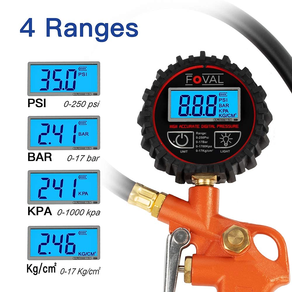 FOVAL 2 Pack FOVAL Digital Tire Inflator and 4 Pack Digital Tire Pressure Gauge 150 PSI Bundle