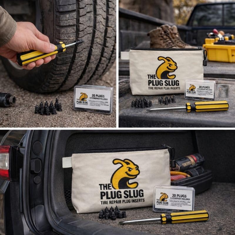 Emergency Tire Plug Kit for Cars, Trucks, Motorcycles – 30 Tire Plugs (2 Sizes), Phillips Screwdriver & Canvas Tool Pouch