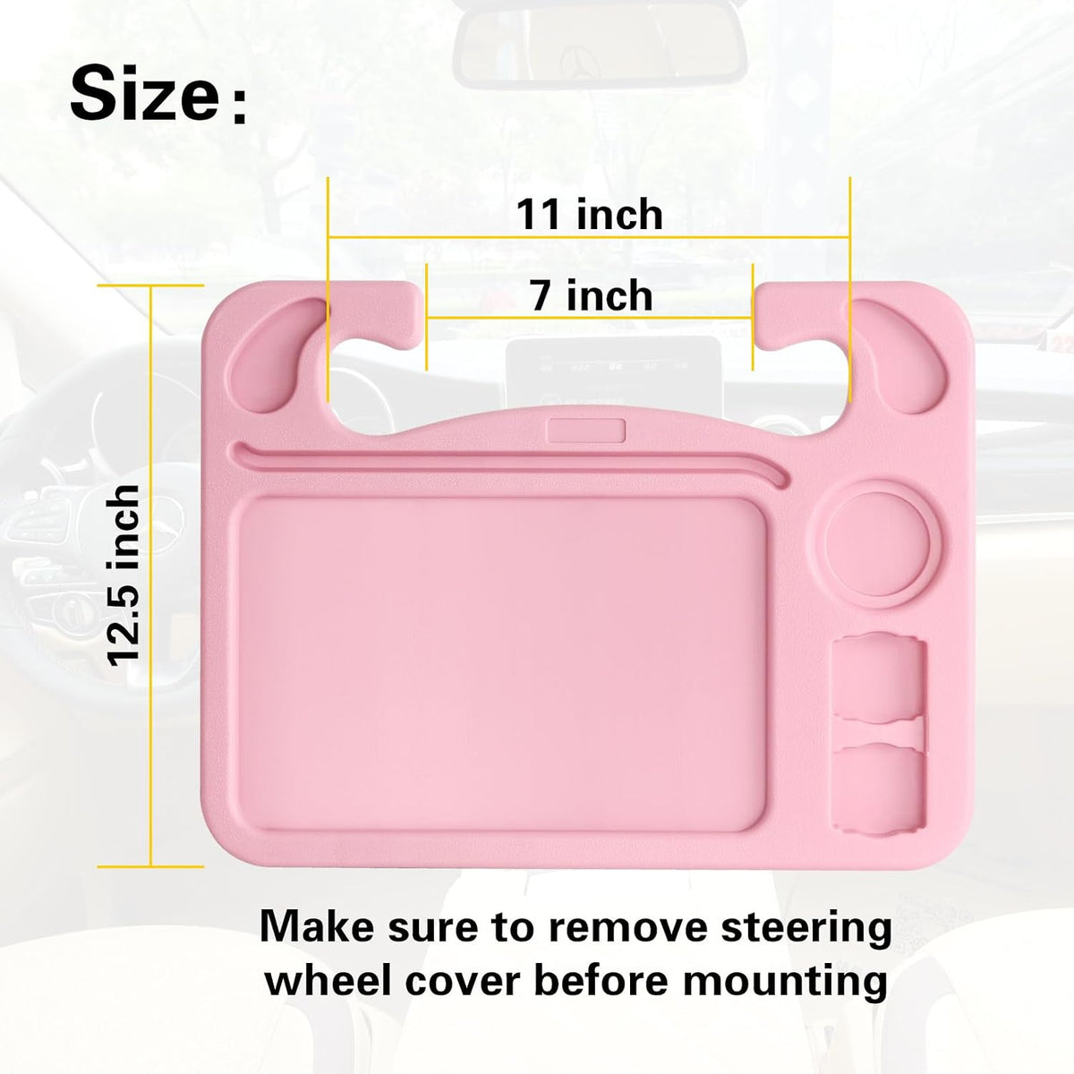 4 in 1 Car Steering Wheel Tray with Dual Sauce Dip Holder and Tablet Holder,Car Table Food Trays for Eating,Driver Desk Fit Most Auto Vehicle Steering Wheels (Pink, Large)