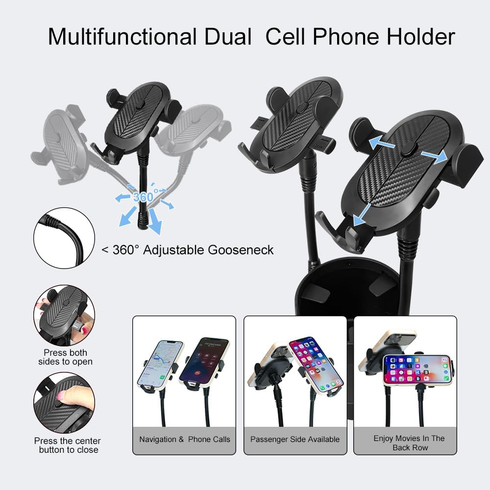 JINKEY Dual Cup Holder Phone Mount for Car，2-in-1 Adjustable Gooseneck Cradle with 360° Rotation Heavy Duty Universal Automobile Stand for Most 4"-6.7" i-Phone Mobile-Phone Holder