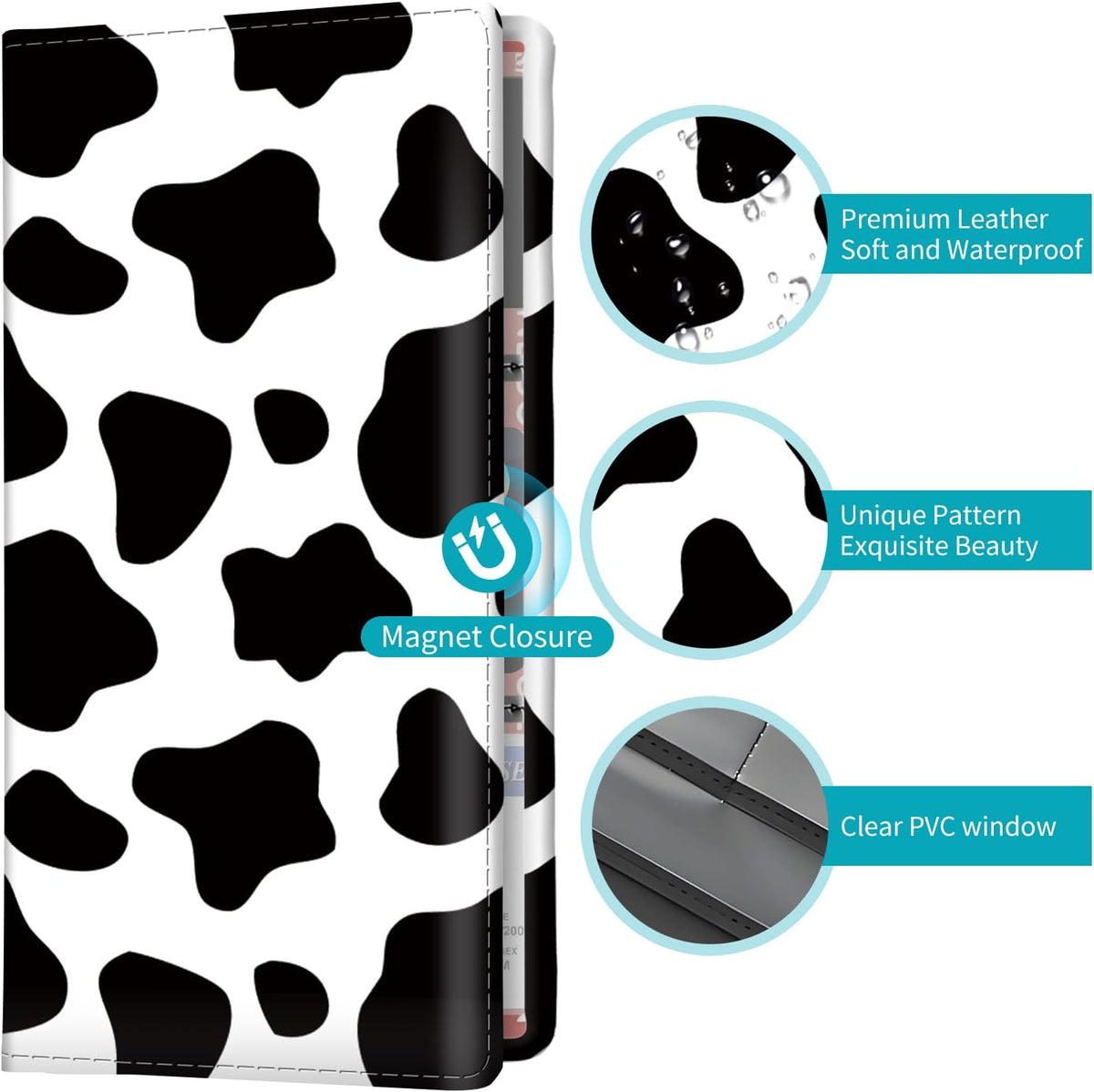 Car Registration and Insurance Holder with Magnetic Shut, Cute Vehicle Glove Box Car Organizer, Premium Interior Car Accessories for Women Men Black White Cowhide