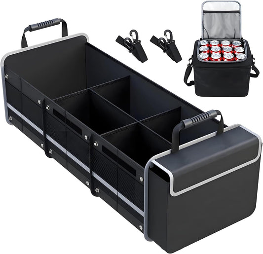 Collapsible Trunk Organizer for Car with Insulated Leakproof Cooler Bag, 3 Compartments SUV Cargo Organizer w/Removable Dividers, 5-in-1 Storage w/Foldable Lid & 2 Tie-Down Straps (Black)