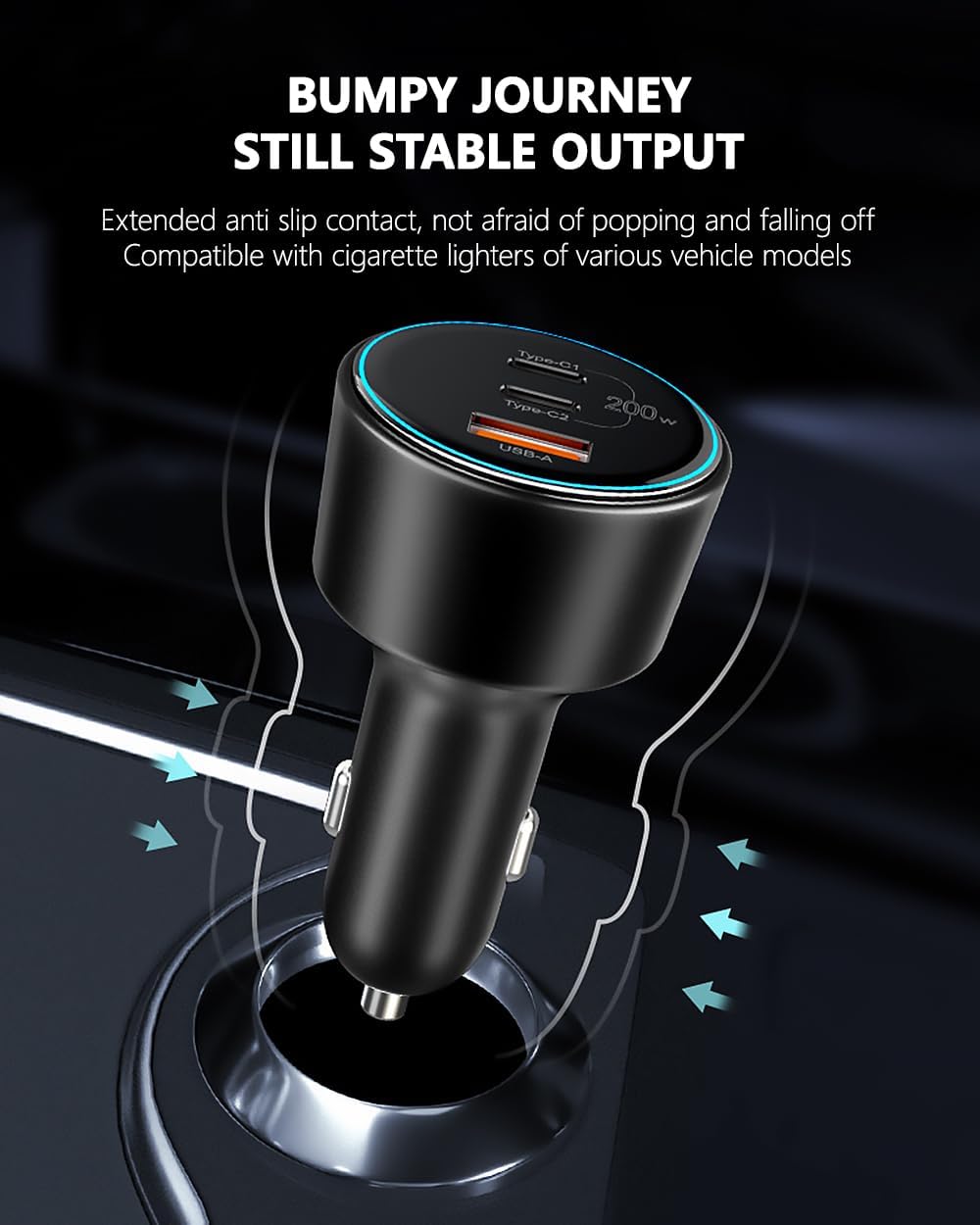 200W USB C Car Charger, 2 Port 100W Type-C Charger with 2 100W USB C Cable
