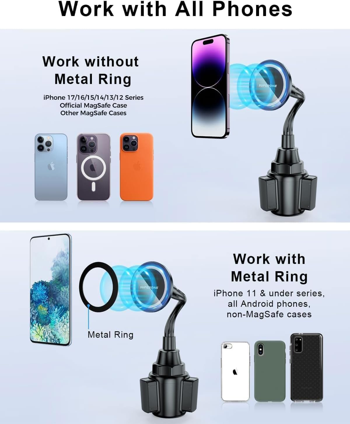 SUPERONE Magsafe Cup Holder Phone Mount, Universal Cup Phone Holder for Car