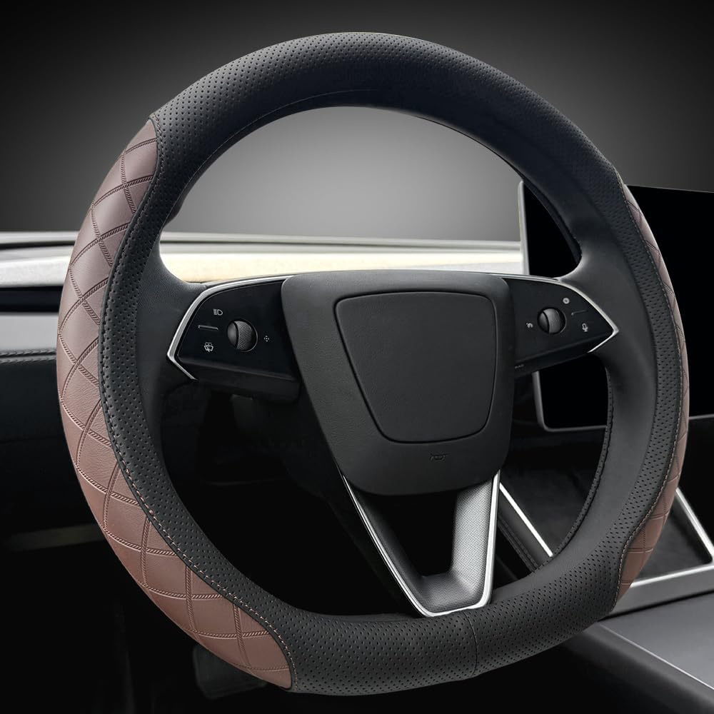 LKWLIKEI Nappa Leather Ultra-Thin Steering Wheel Cover, for Tesla Model 3/Y Steering Wheel Cover, Non-Slip Design and Interior Modification of car Accessories (Black)