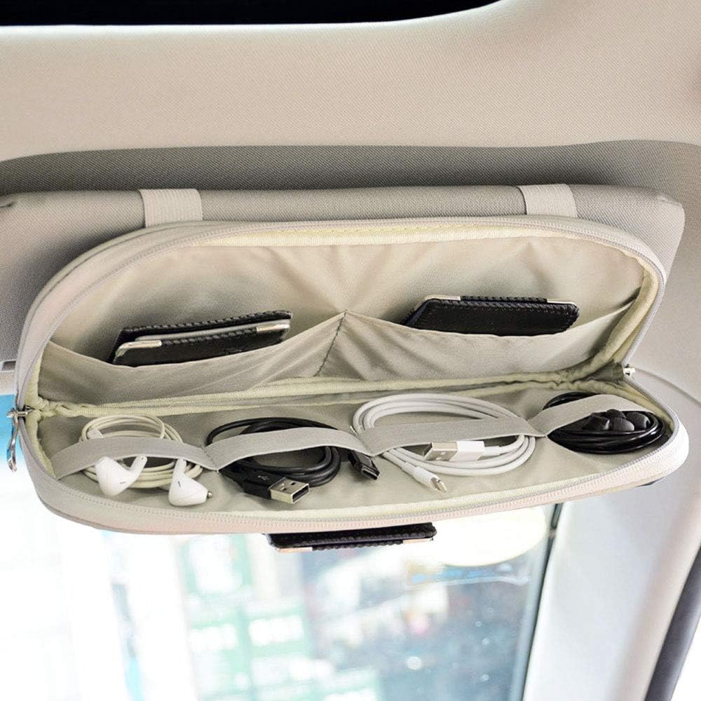 Da by Car Sun Visor Organizer, Multi-Pocket Visor Organizer Storage Pouch for Cars, SUVs & Trucks with Double Zippers, Elastic Bands & Glasses Clip - Organizes Essentials Keep Tidy (Cream Grey)