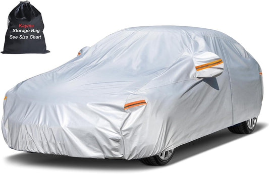 Kayme Sedan Car Cover Waterproof All Weather for Automobiles - See Vehicle Size Chart for Accurate Fit - Outdoor Full Exterior Cover Sun Rain Snow UV Protection with Zipper. Size A4 (See Size Chart)