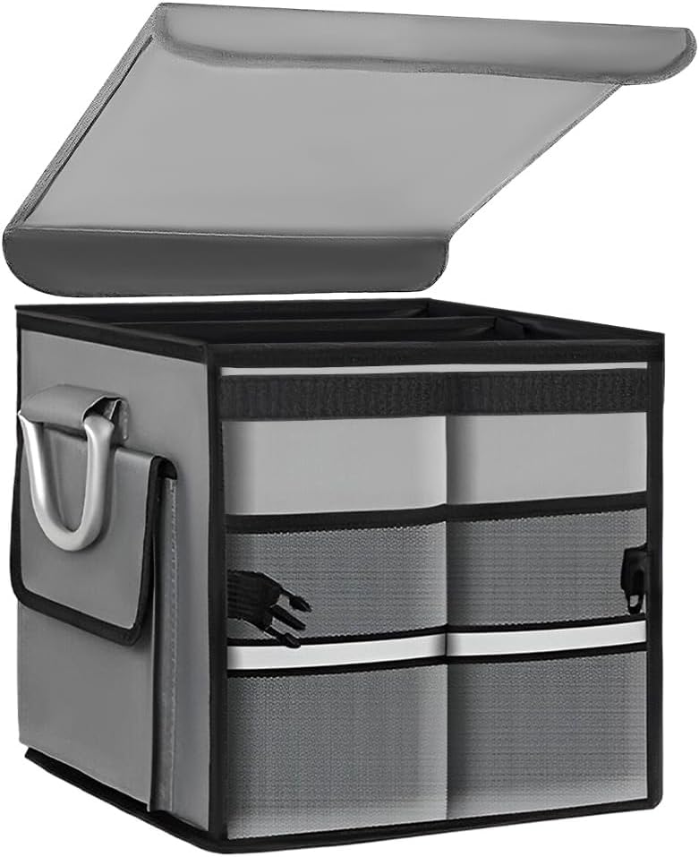 Trunk Organizer with Lid, 28L Collapsible 2-Compartment Car Storage Box with Reinforced Handles, Multipurpose Waterproof Oxford Storage Organizer for SUVs Sedans Trucks (Black)