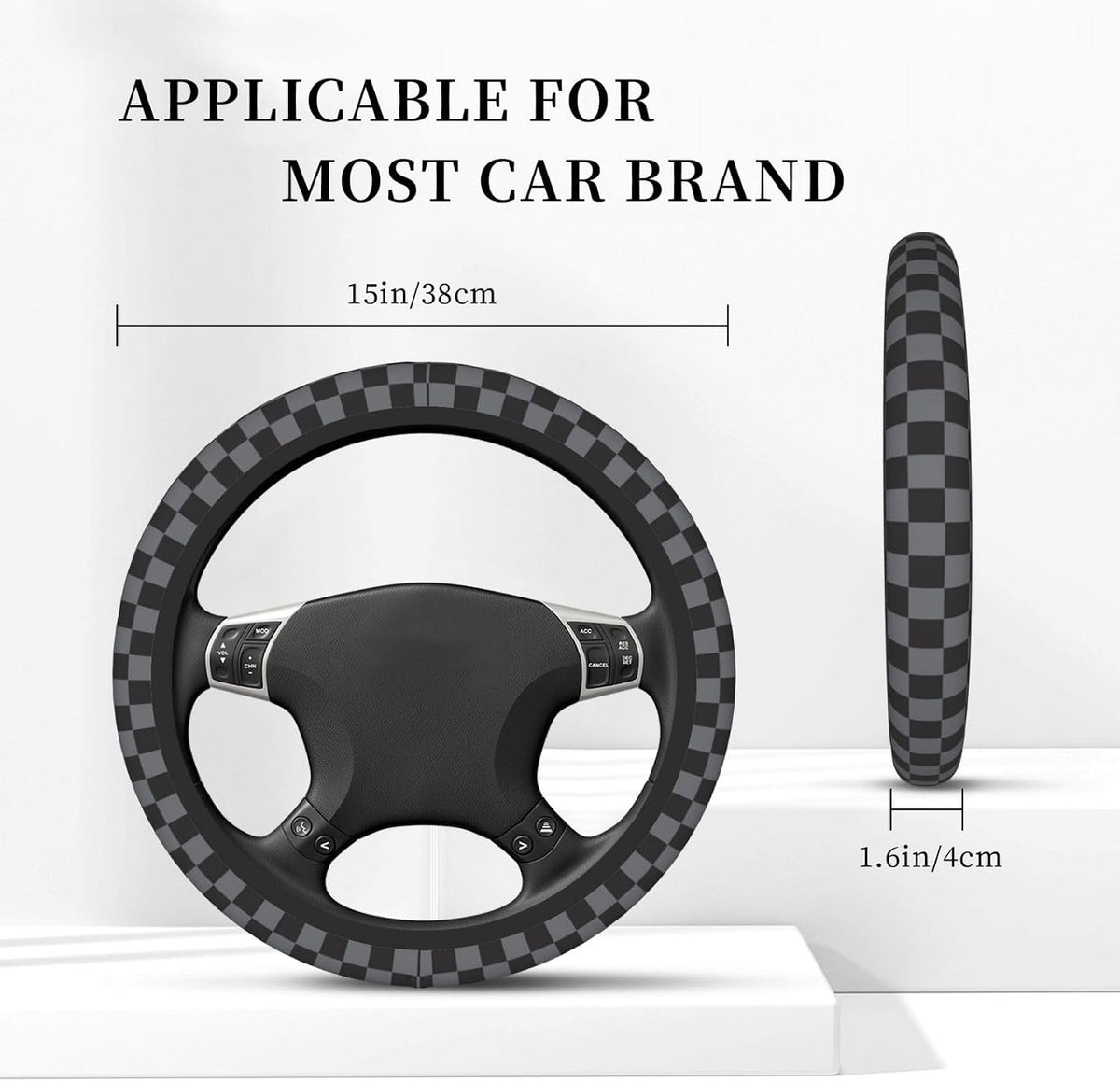 Black and Gray Checkered Steering Wheel Cover for Women, Steering Wheel Covers with Anti-Slip Lining, Universal 14.5-15 inchs Car Interior Accessories with 2PCS Car Coasters Suitable for Men and Women