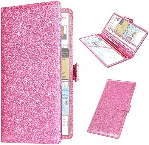 RSAquar Car Registration & Insurance Holder - Leather Glove Box Organizer, Cool Accessories for ID, Driver's License Cards & Docs, Men & Women, Pink Glitter