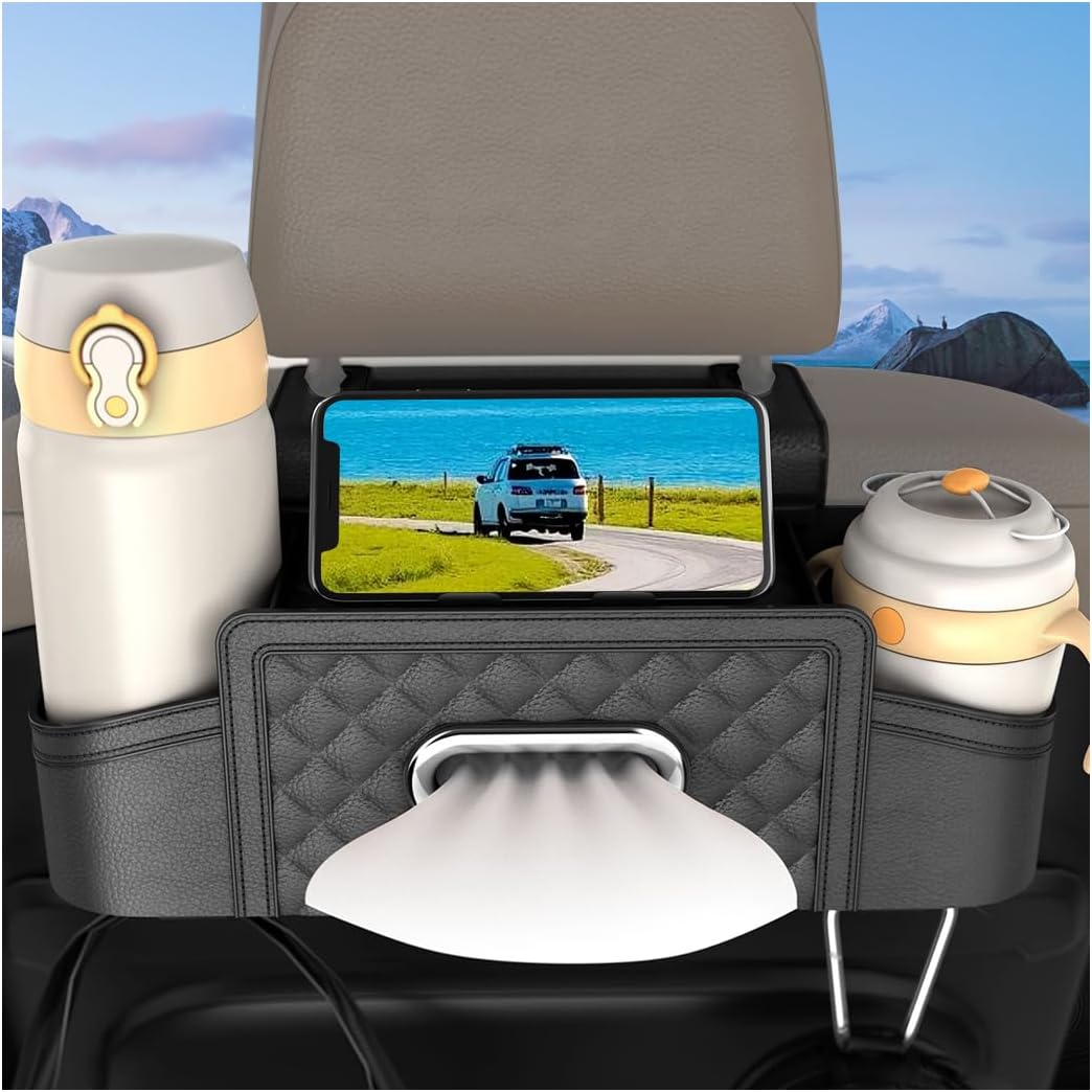 Car Seat Back Organizer, Multifunctional Vehicle Headrest Storage Box with Hooks and Phone Holder, Automotive Backseat Tissue Cup Holder Accessories, Universal for SUV Sedan Truck (Black)