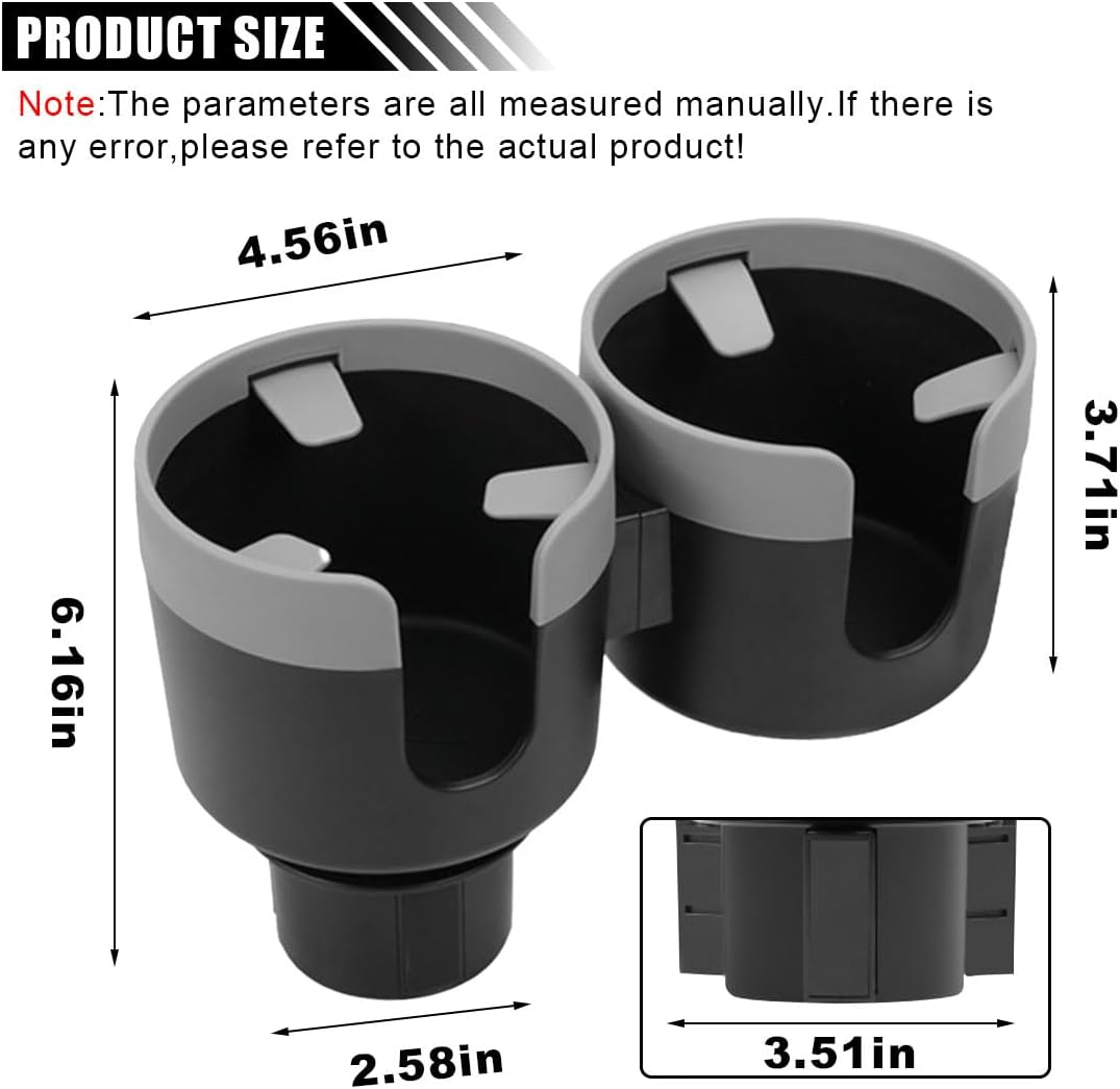 Car Double Cup Holder Extender, 2-in-1 Car Cup Holder Adapter with Adjustable Base, Universal Multifunctional Cup Holder Organizer for Beverage, Snack, Cup, Bottle Storage (Grey)