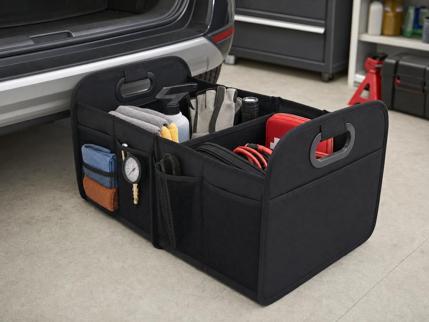 Car Trunk Organizer Foldable Waterproof Storage Caddy with Handles, Collapsible Auto Organizer for SUV, Truck, Van, Black