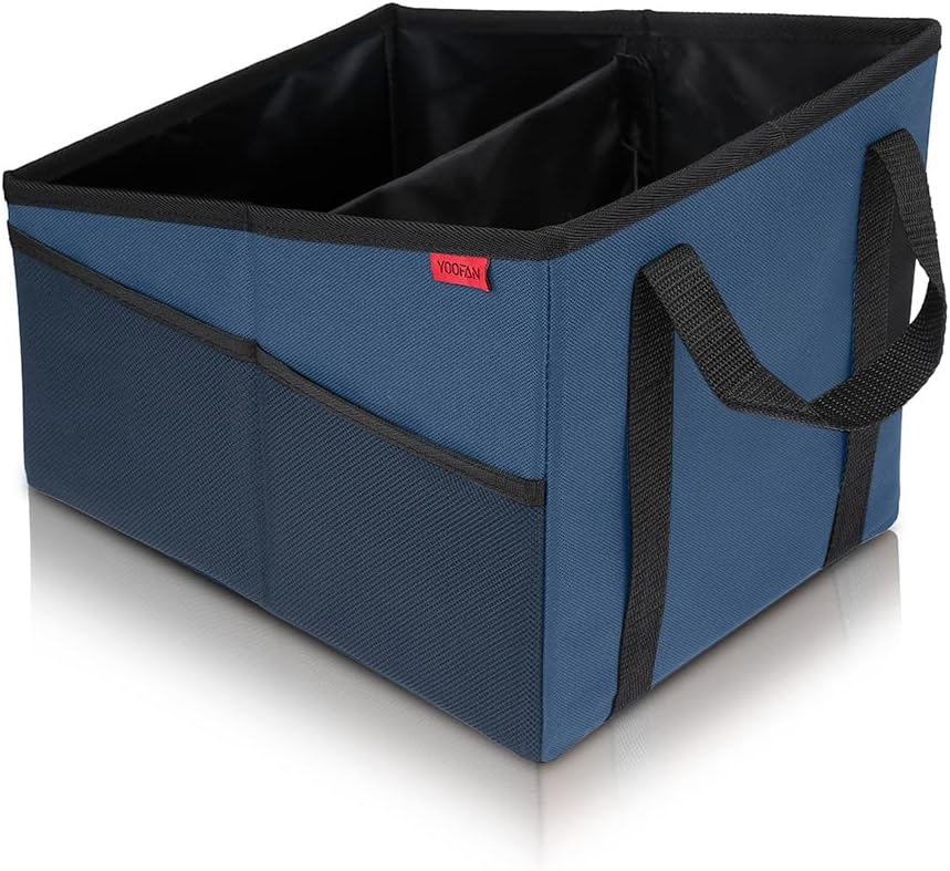 YOOFAN Car Seat Organizer - Passenger Seat Organizer, Collapsible Small Car Seat Storage for Console Front or Back, Automotive Backseat Organizer with Belt 4 Cup Holders for Kids Accessories, Blue