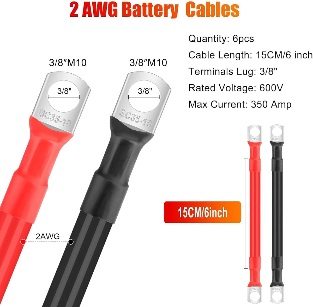 Linkstyle 6PCS 2 AWG Battery Cables 6 Inch, Heavy Duty Pure Copper Battery Bank and Inverter Cable Set with Tinned Copper 3/8" Lugs Terminals, for Solar, RV, Marine, Truck, Automotive 12V-48V