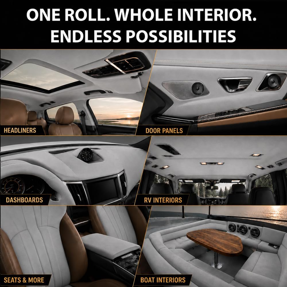 Auto Suede Headliner Fabric Material with Foam Backing, 36" x 60" | 5+ Yr Lifespan & 3-6 dB Noise Cut, Automotive Roof Liner Replacement for Cars, Trucks, SUVs, RVs, Boats, DIY Upholstery