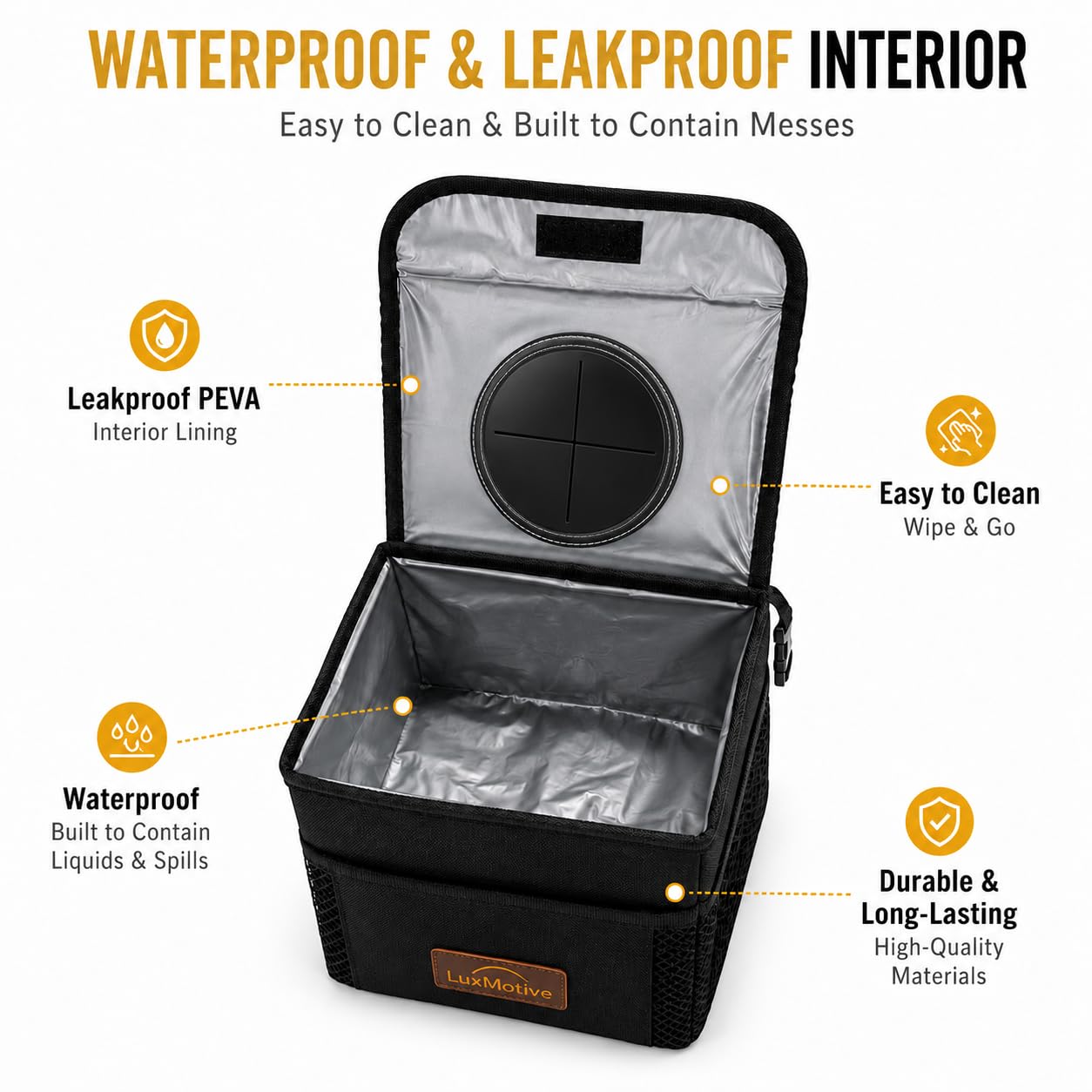 LuxMotive Car Trash Can – 3 Gallon Leakproof Waterproof Auto Trash Bin, Hanging Car Garbage Container with Lid & Storage Pockets, Foldable Car Organizer for Vehicle Interior (Black)