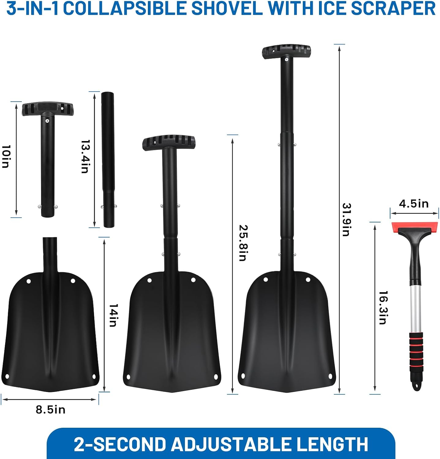 Car Shovel Snow Kit，Aluminium Collapsible Snow Shovel & Extendable Ice Scrapers for Car Windshield with Foam Grip，Snow Car Shovel for Car, Trucks, SUV, Vehicles