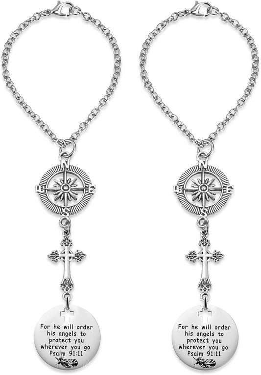 2 Pack Cross Car Charms for Women Men, Guardian Angel Rear View Mirror Decor, Psalm 91:11, Bible Verse, Christian Faith Based Car Accessory, Religious Gift