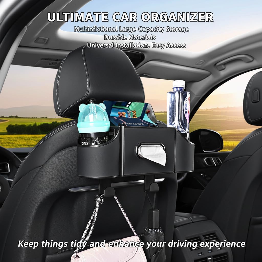 Backseat Car Organizer, 4-in-1 Car Organizer Back Seat with Cup Holder & Tissue Box, Multi-Pocket Car Back Seat Organizer for Phone, Drinks, Travel & Daily Use (Black)