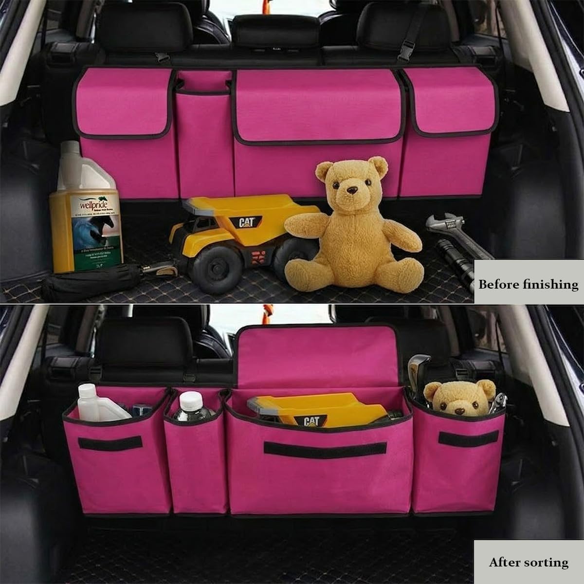 Car Trunk Organizer, Multi Compartment Foldable Sturdy Vehicle Backseat Hanging Storage Organization with Lid, Automotive Interior Storage Bag, Universal for SUV RV Truck (Purple)