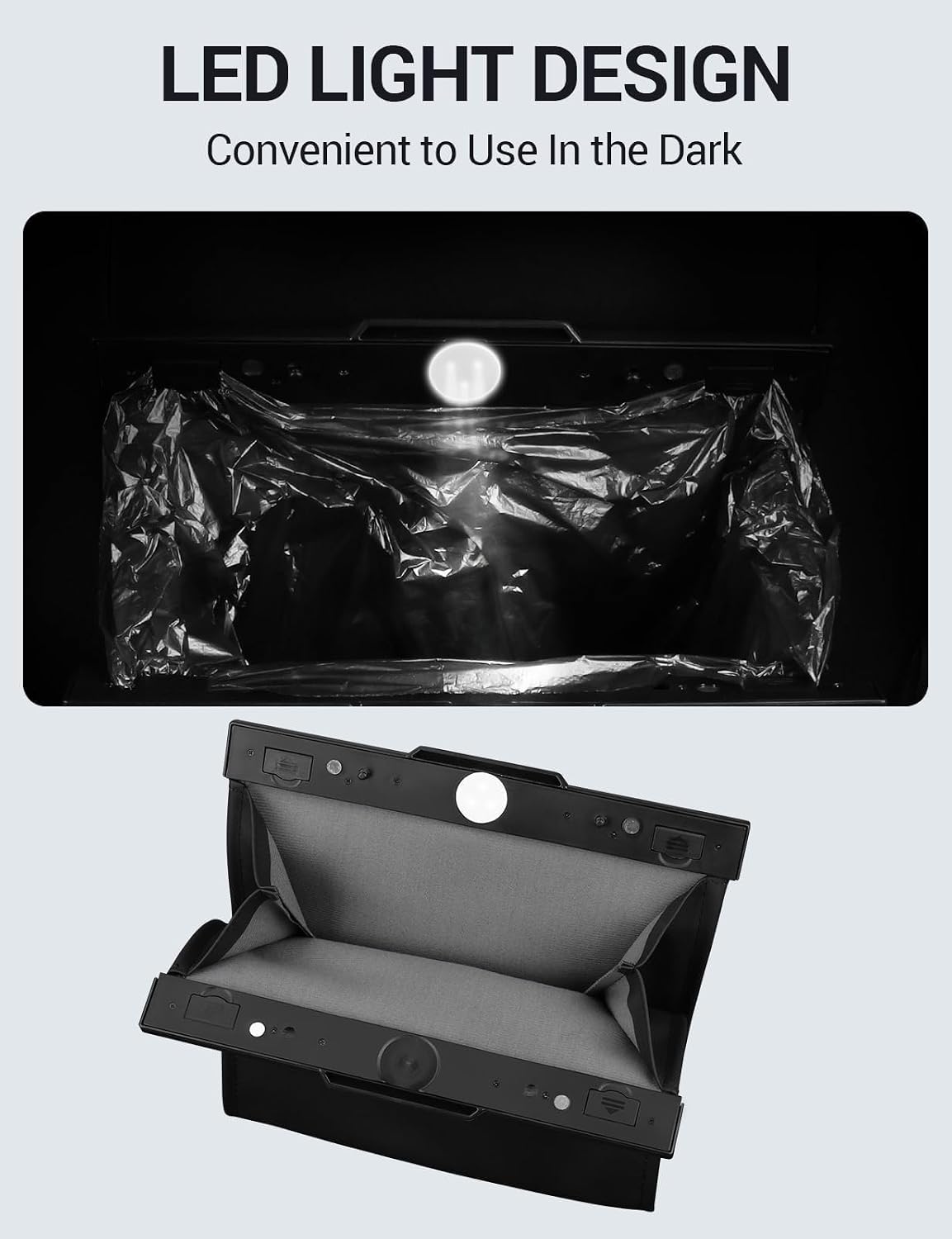 BASENOR 2026 Upgraded Tesla Model Y/3/S/X Cybertruck Trash Can, [Strong Magnetic] [Waterproof] LED Light Garbage Bin Leather Garbage Can, Seat Back Hanging Interior Accessories 2017-2026