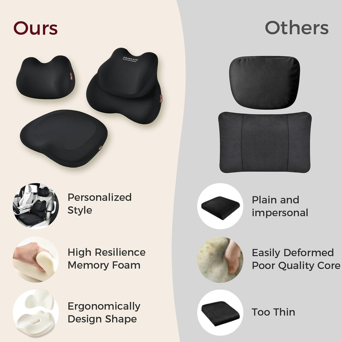 Coverado Car Seat Cushion and Lumbar Support Pillow with Headrest, Memory Foam Cooling Silk Ergonomic Cushion for Driving Back Neck Pain Relief Universal Fit Black