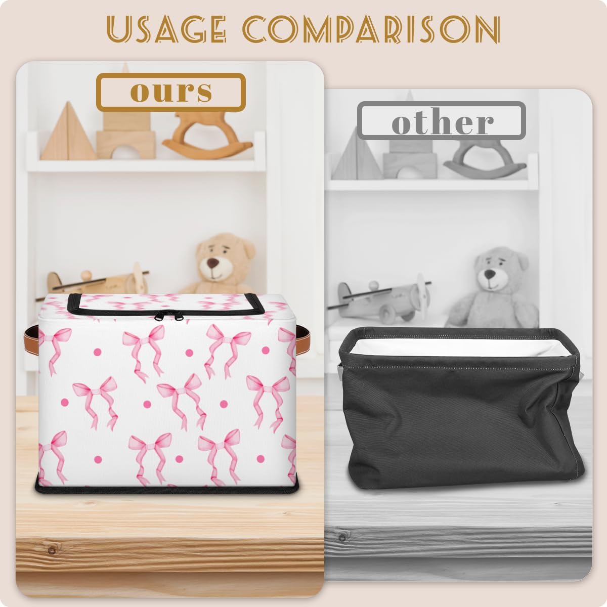 Storage Bins With Zipper Lid, Collapsible Trunk Organizer, Car Organizers and Storage Bins with Lids, Decorative Storage Boxes with Handle, Home Storage Baskets for Organizing (Pink Bow Ribbon)