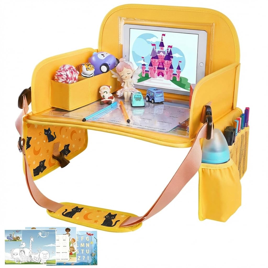 MENZOKE Kids Travel Tray, Car Seat Tray for Kids Travel, Toddler Essentials | Road Trip Activities Accessories with Tablet Holder, Cooler Cup Holder, Dry Erase Board & Storage Pocket for Airplane, Blue