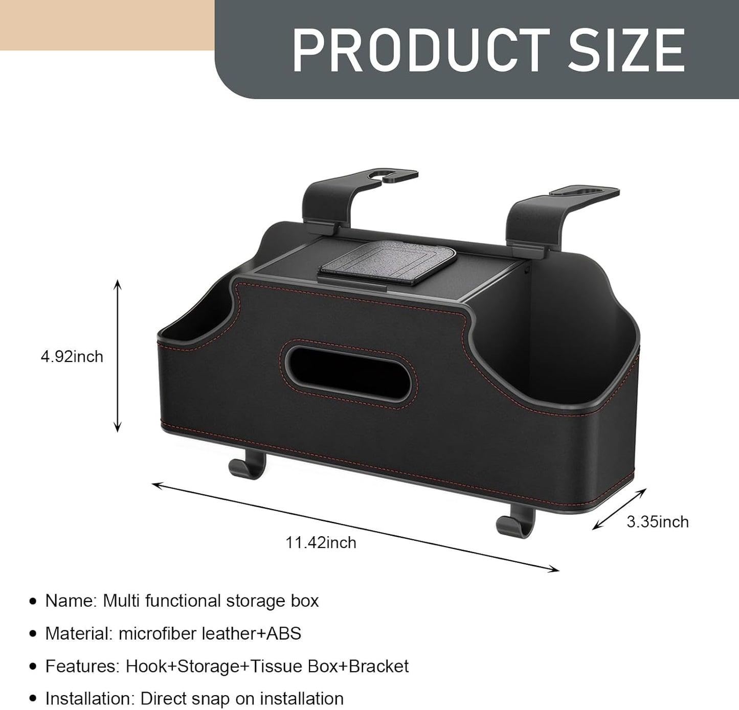 1 PC Car Seat Back Organizer, Car Back Seat Multi-Function Storage Box with 2 Drink Cup Holders, 11.42" x 3.35" Leather Tissue Organizer, Universal for Most Cars, Trucks, SUVs (Black)
