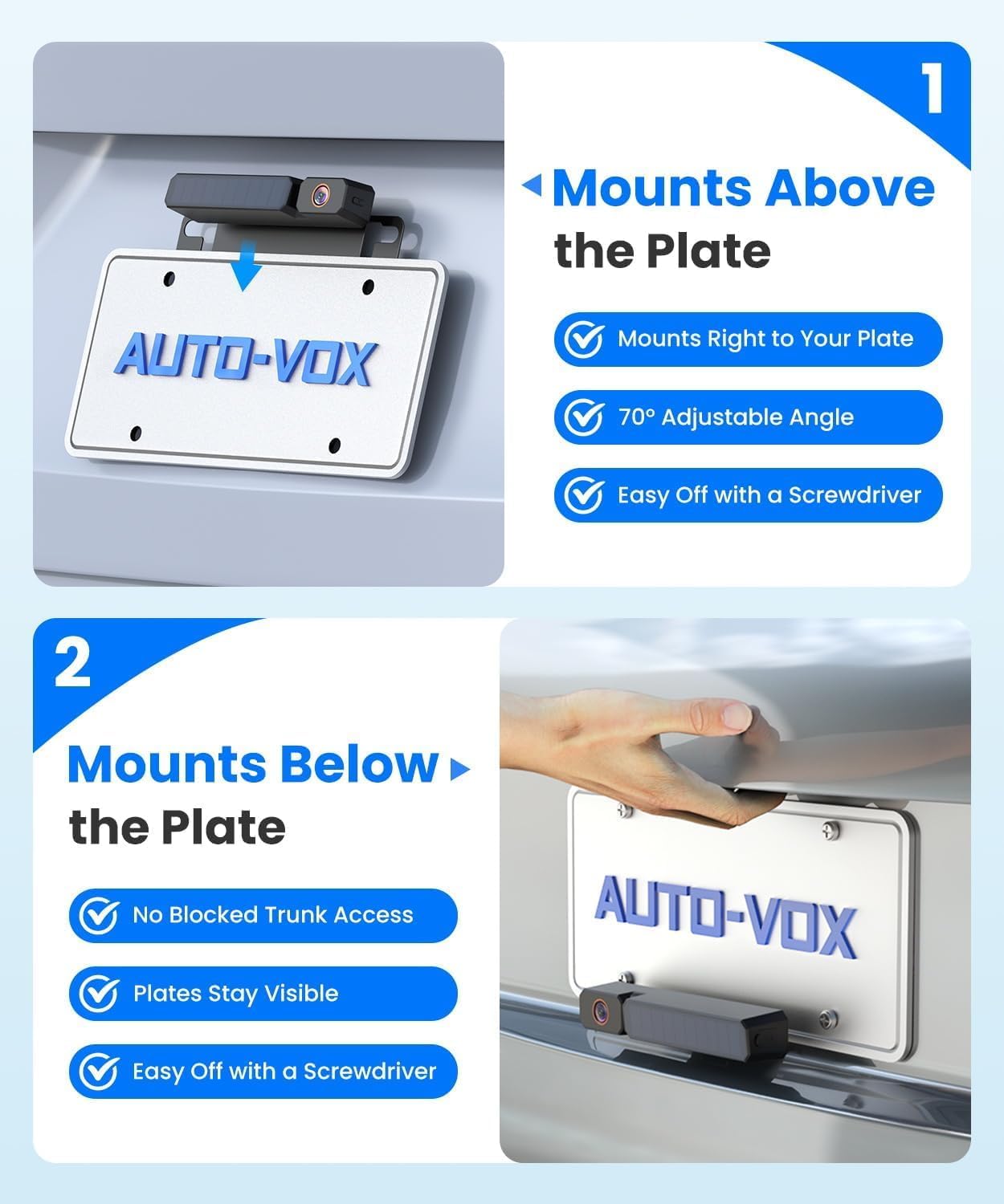 AUTO-VOX Solar Wireless Backup Camera: 5" 1080P Monitor, 2 Min Easy Install | 2 Split Screen & 5000mAh Battery Back Up Camera, IP69K Waterproof Reverse Camera for Car, Van, SUV, Truck, Trailer