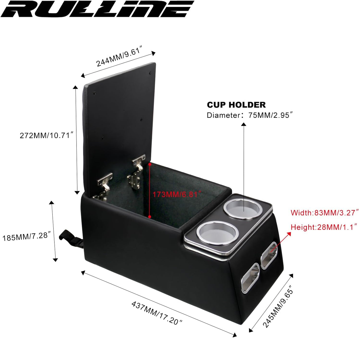 RULLINE Bench seat center console Universal Truck Seat/Bench Organizer with Cup Holders, Armrest, and Padded Top Lid - Ideal for Business and Storage - 124810 Contractor Console Black