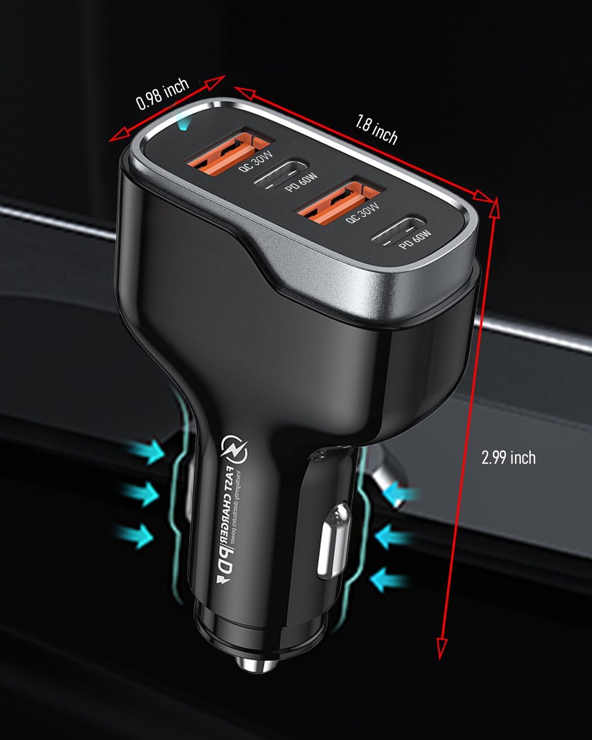 SUNDA 120W USB C Fast Car Charger, USB C Car Phone Charger, 4-Port (2 USB-C + 2 USB-A) PD 3.0/60W PPS QC 3.0, Cigarette Lighter USB Charger Adapter for Road Trip iPhone/Samsung/Google Pixel/iPad
