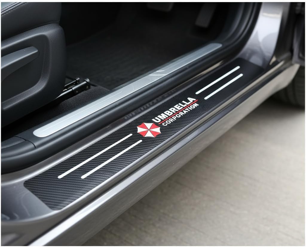 Car Door Sill Guards Front & Rear Car Door Threshold Protector Carbon Fiber & Textured Leather Door Sill Protectors (Protective Umbrella, 4 Pcs)