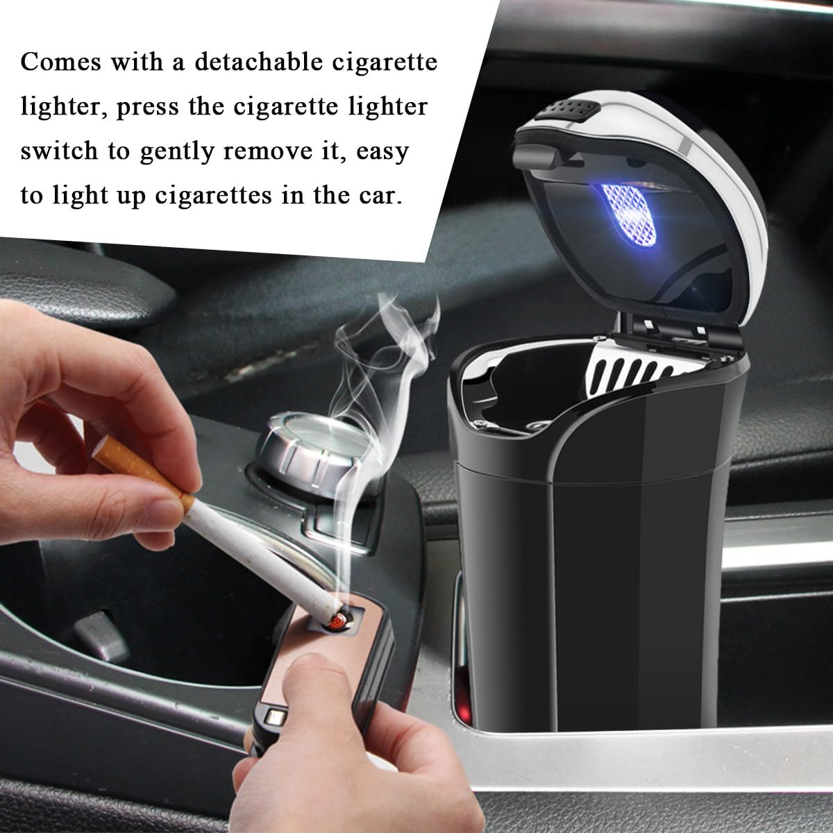 povtii Car Ashtray with Lid, Rechargeable Stainless Auto Ashtray with LED Light Indicator, Portable Smell-Proof Ashtray Cup with Lid & Detachable Cigarette Lighter, Car Accessories (Silver)