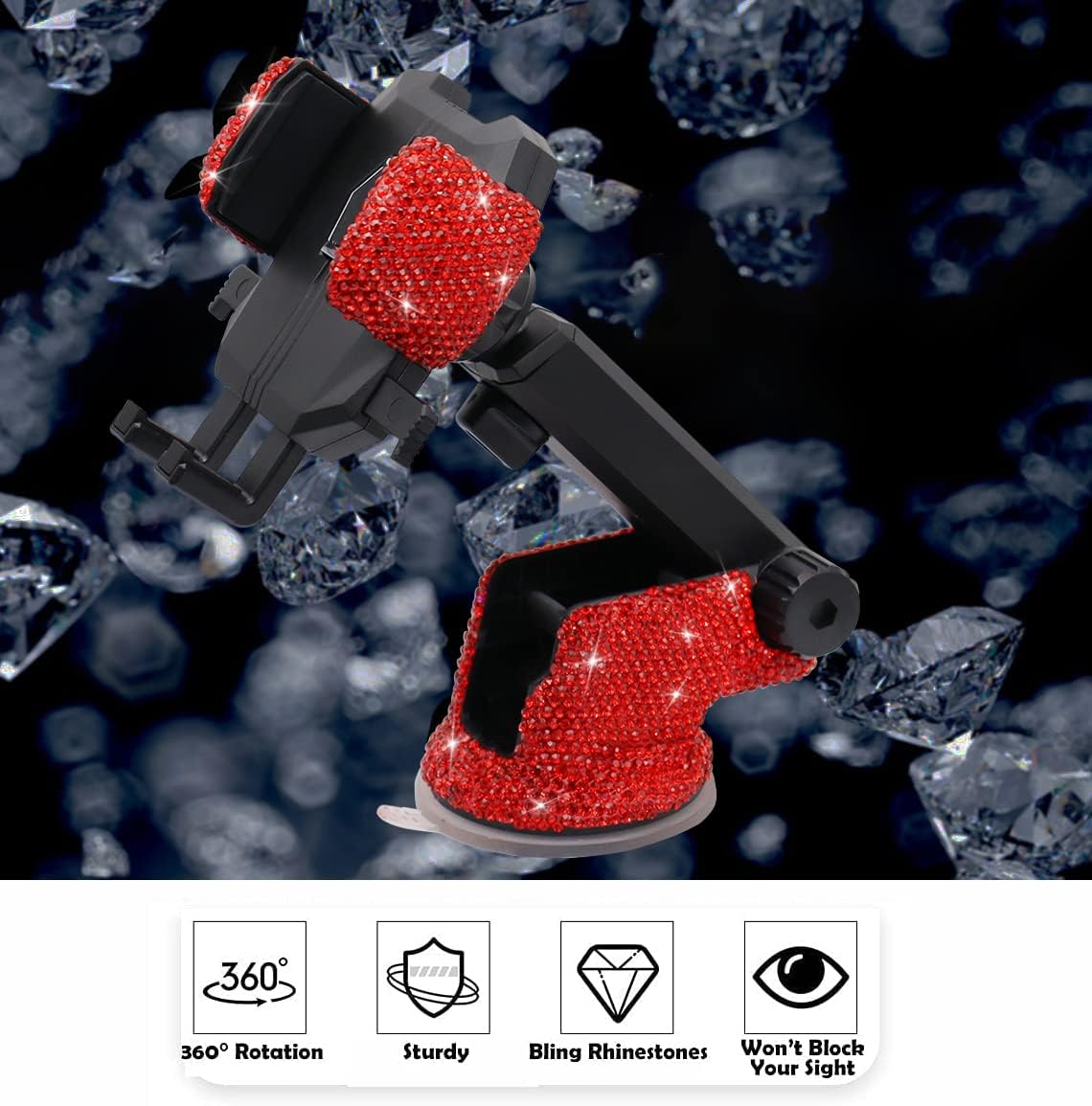 LYCARESUN Bling Car Phone Mount Holder,Shiny Crystal Rhinestone Phone Stand for Women and Girls, Car Accessories for Windshield Dashboard,Compatible with Most Cellphones (red)
