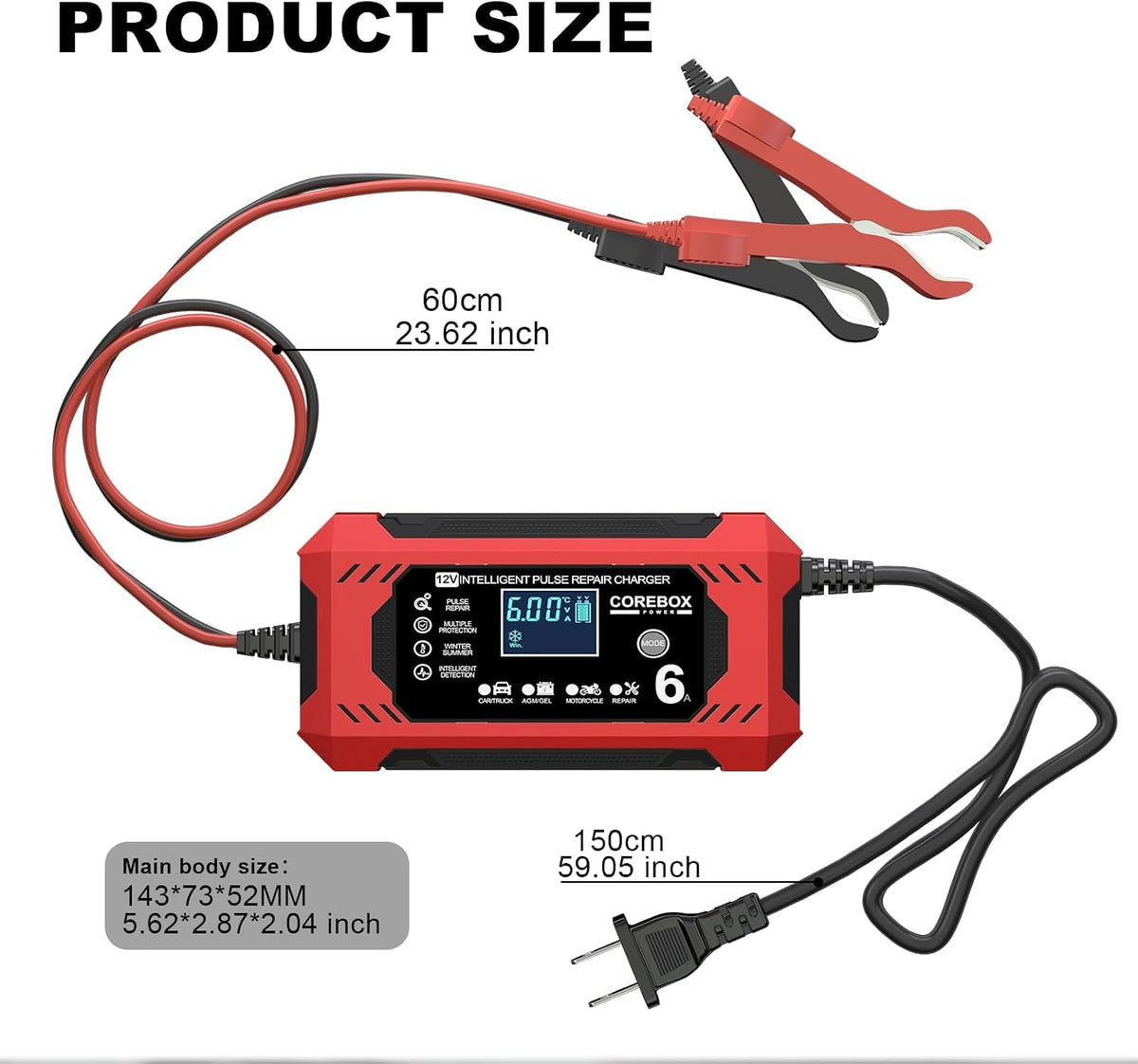 Corebox Battery Charger 6-Amp 12V Automatic Smart Battery Trickle Charger